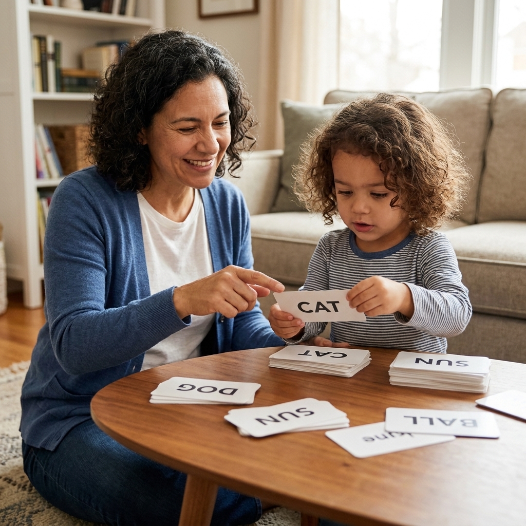 A child at a coffee table sorting simple word cards into small piles while a parent watches and helps