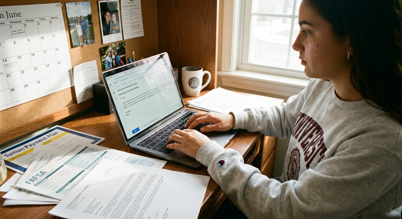 A college-bound student types an email on a laptop at a desk with financial documents nearby