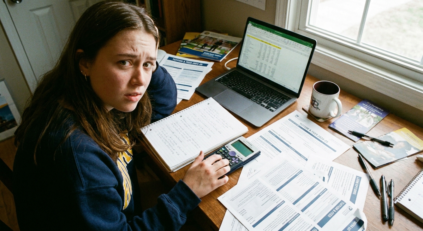 A college-bound student using a calculator next to a notebook while reviewing printed college costs and financial aid information at a desk