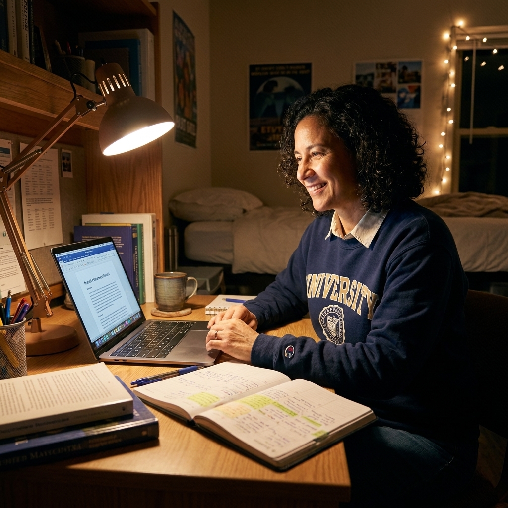 A college dorm room desk with a laptop, a paper planner, and a desk lamp lit during late-night studying