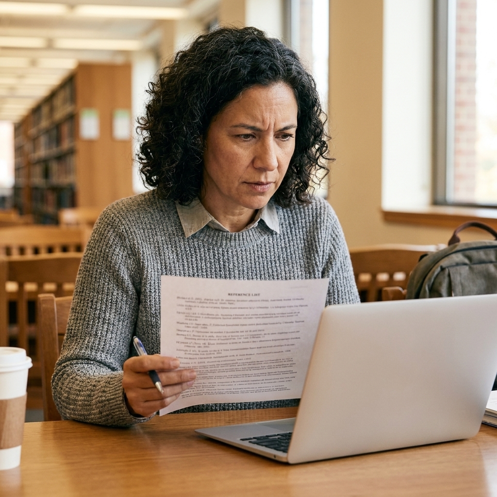 A college student reviewing a printed reference list next to an open laptop, carefully proofreading citations at a library table