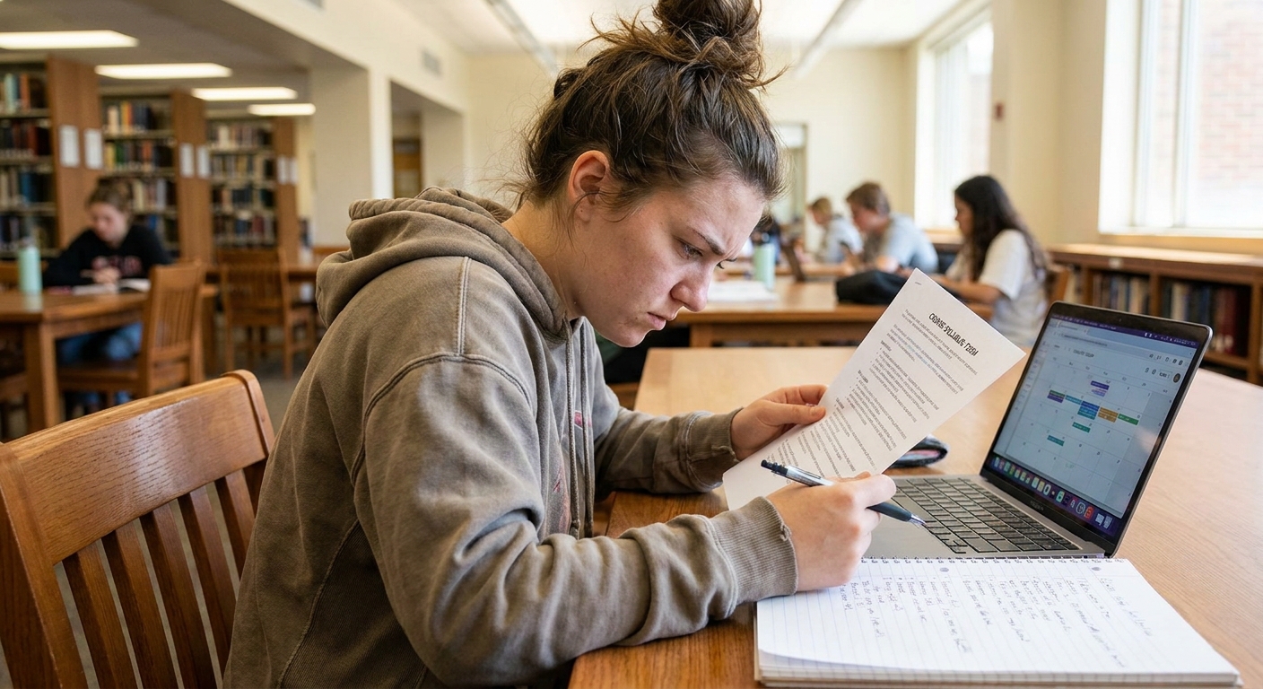 A college student sitting at a library table reading a printed course syllabus next to a laptop and notebook, focused and preparing to plan the semester