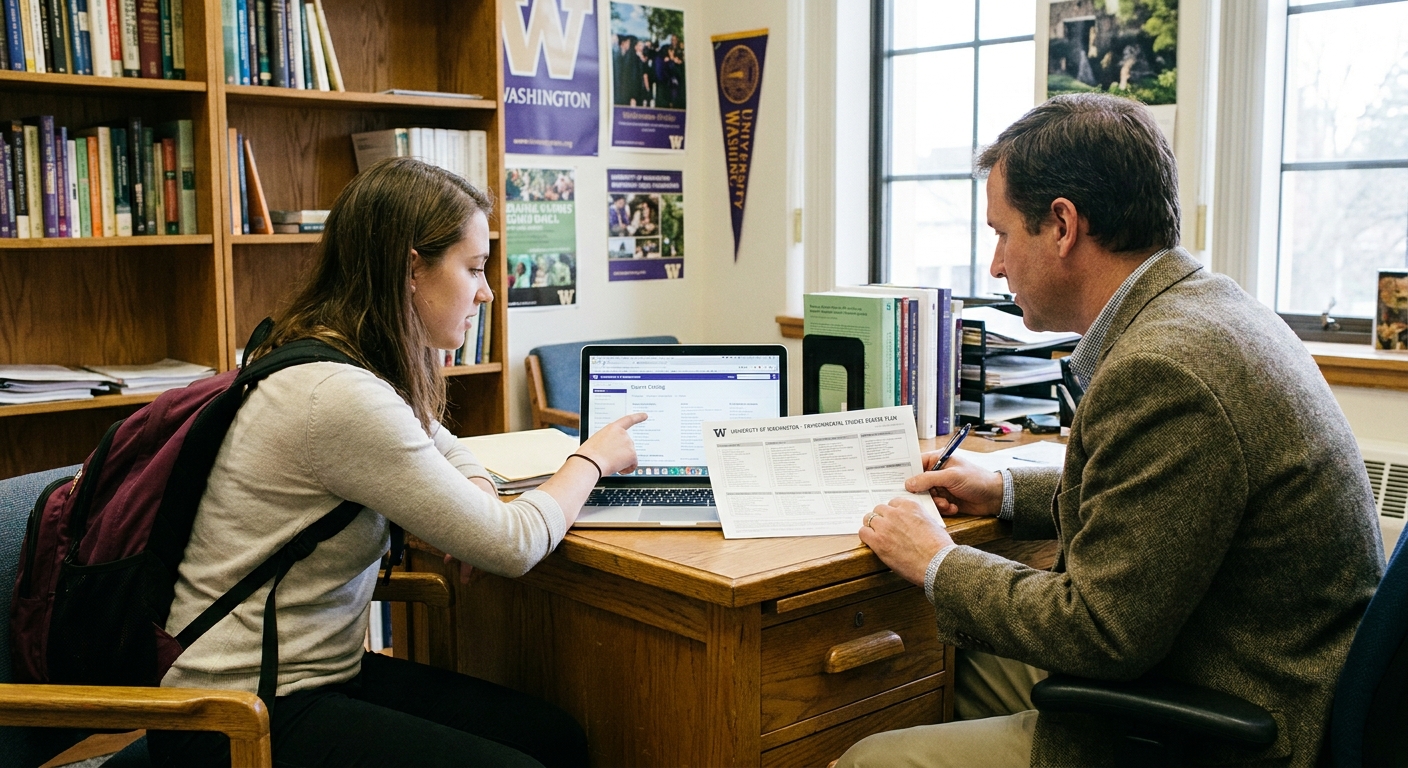 A college student sitting with an academic advisor at a campus office desk, reviewing course options on a laptop and a printed degree plan
