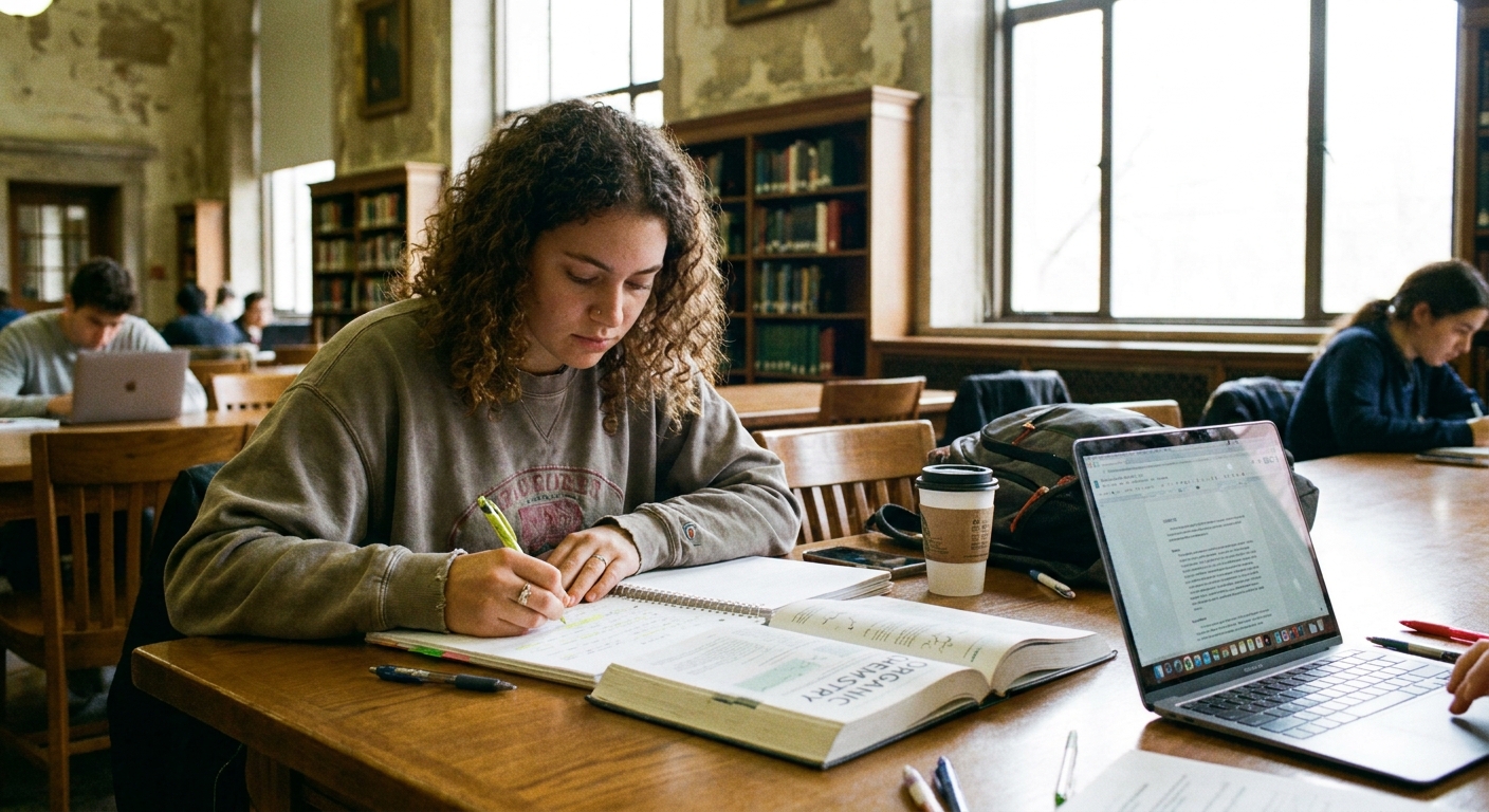 A college student studying at a library table with an open textbook, notebook, and laptop, highlighting notes