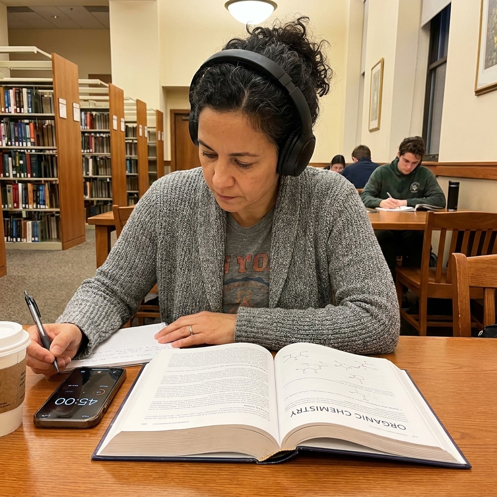 A college student studying at a quiet library table with headphones on and a phone timer running beside an open textbook