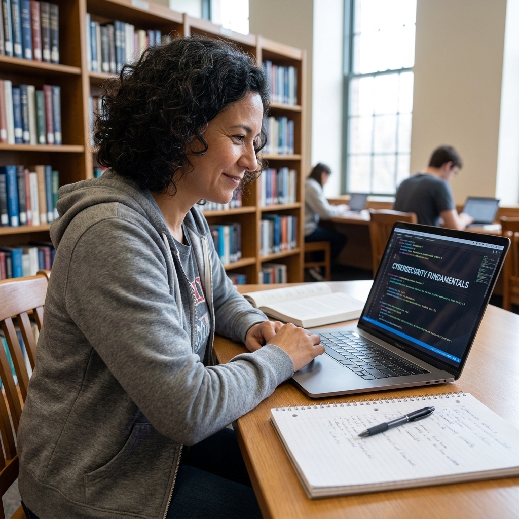 A college student studying cybersecurity on a laptop in a quiet library, with a notebook and pen beside the keyboard