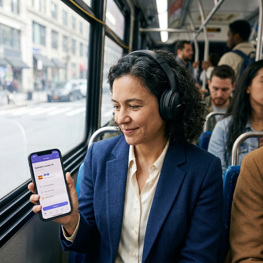 A commuter wearing headphones listening to a language learning podcast on a phone while riding public transit