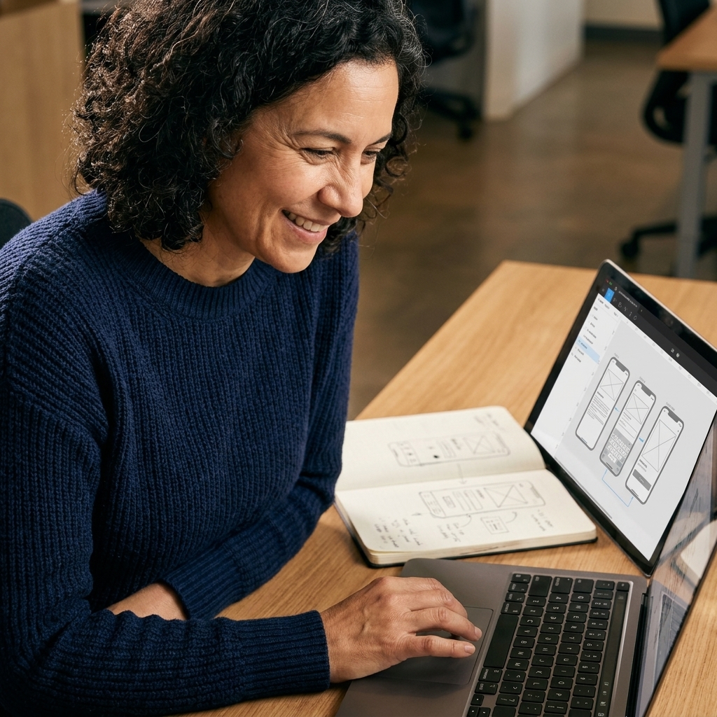 A designer working on a laptop with a prototyping tool open, arranging wireframes on a screen while sketch notes sit beside the keyboard