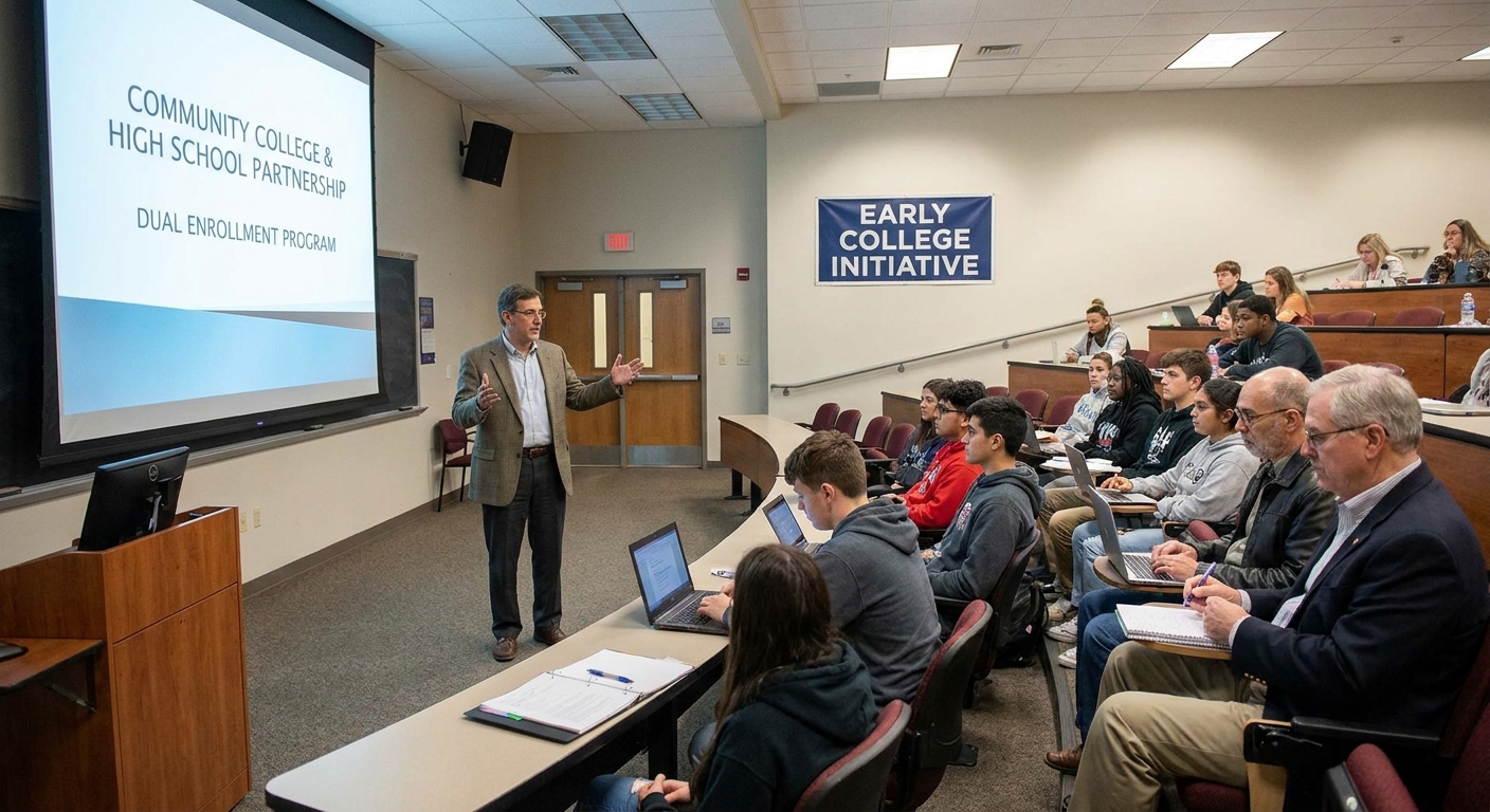 A dual enrollment style college classroom where a professor is speaking at the front while students of different ages take notes in a lecture hall