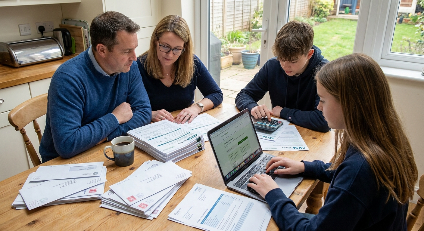A family reviews FAFSA-related documents on a kitchen table with a calculator, envelopes, and a laptop open