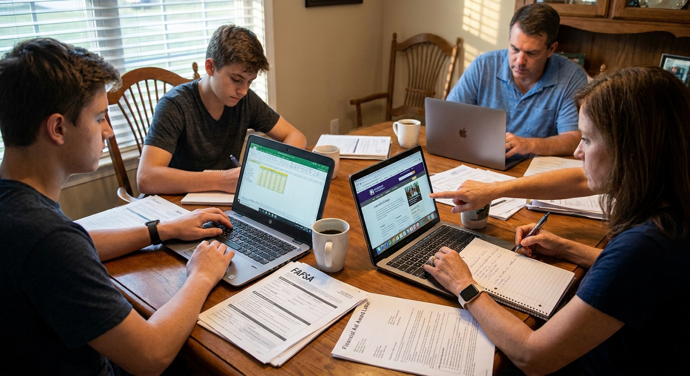 A family seated at a dining table with two open laptops and paper forms, reviewing college costs and taking notes