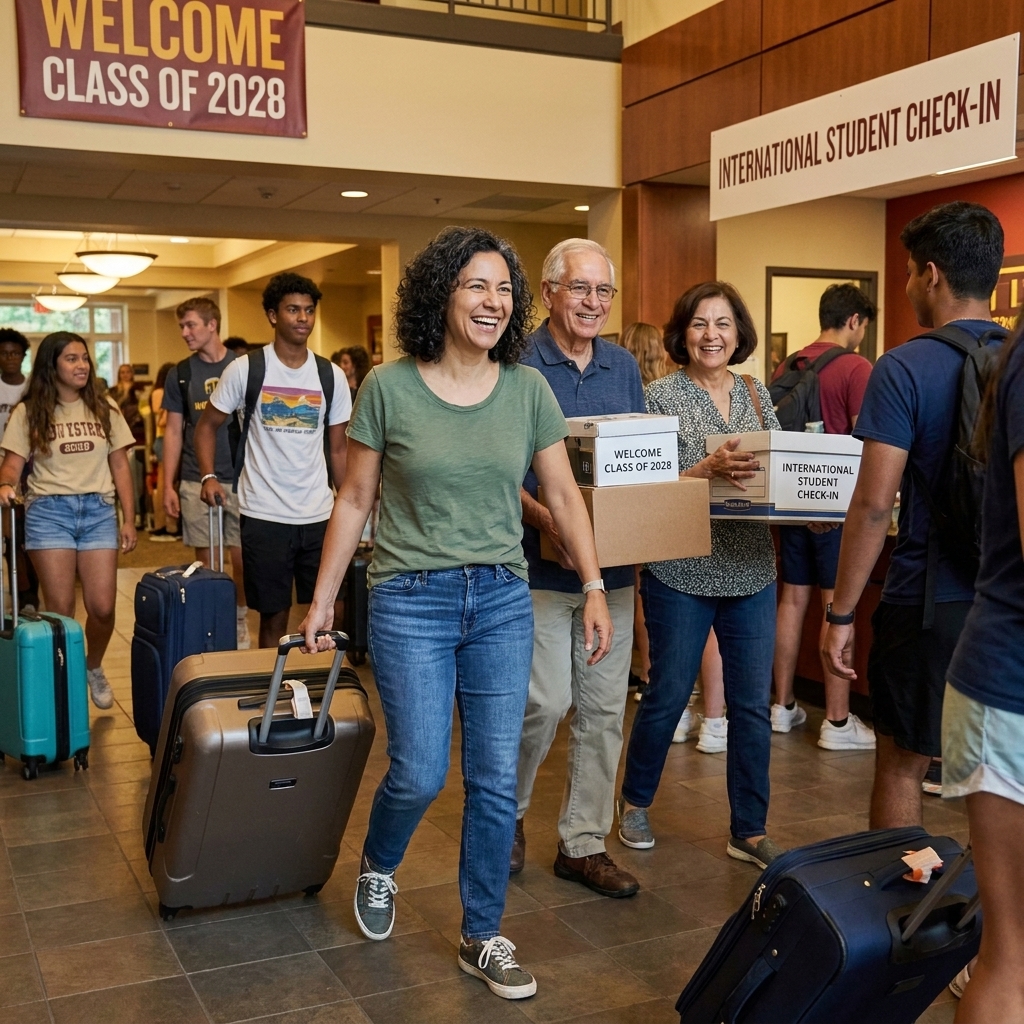 A first-year international student carrying a suitcase into a university residence hall lobby during move-in day, with family or friends nearby, candid photograph