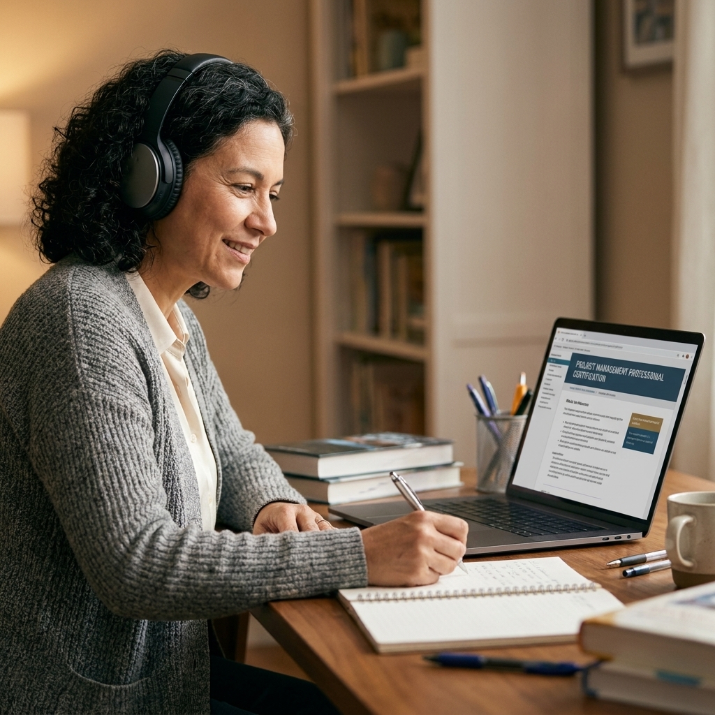 A focused adult learner at a desk with a laptop and headphones, taking notes while studying for a professional certification exam