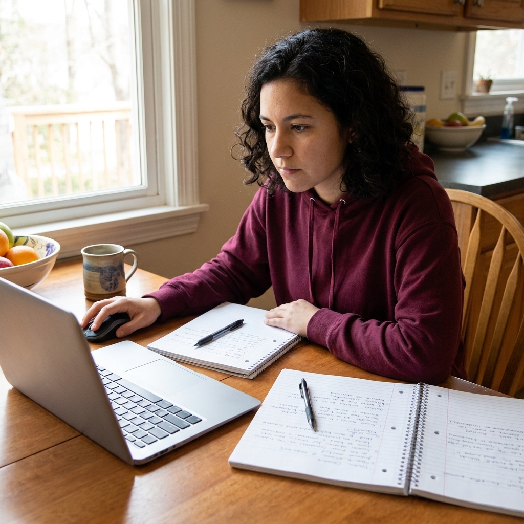 A focused high school student working on a laptop at a kitchen table with notebooks open, planning a long-term school project