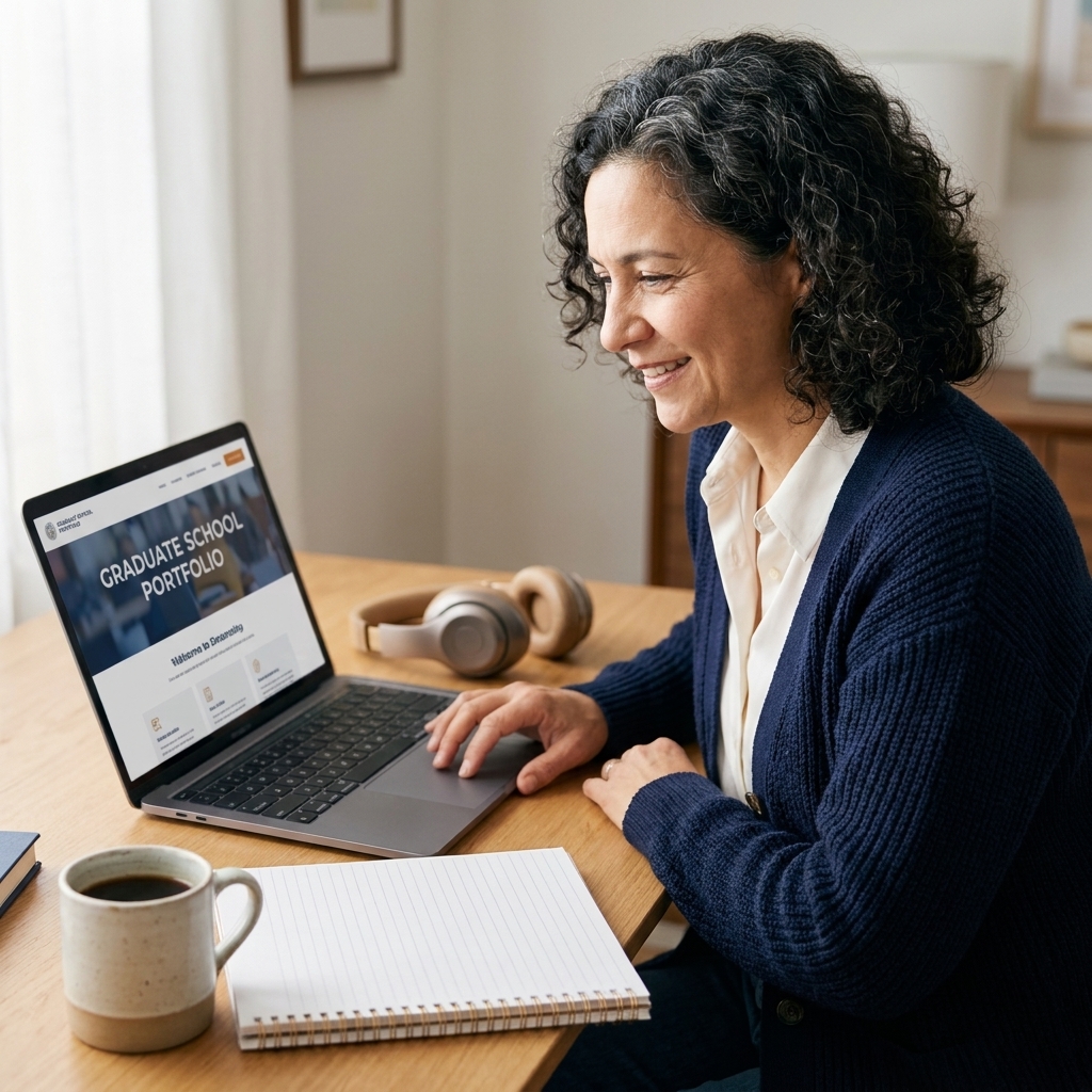 A graduate school applicant reviewing a digital portfolio on a laptop at a tidy desk with a notebook, coffee mug, and headphones nearby