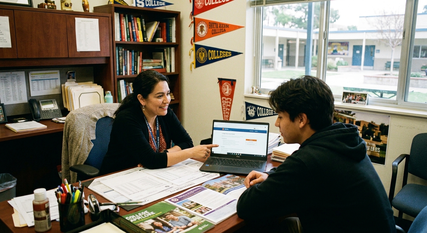 A high school counselor sitting with a student at a desk, reviewing papers and a laptop screen during a planning meeting in a school office