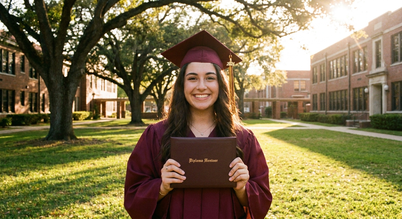 A high school senior in cap and gown standing outdoors holding a diploma cover in late afternoon sunlight