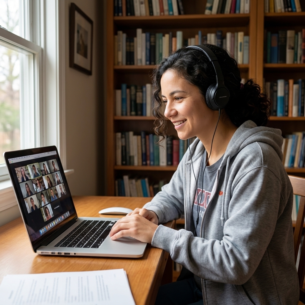 A high school student participating in a live online seminar on a laptop in a quiet home study space.