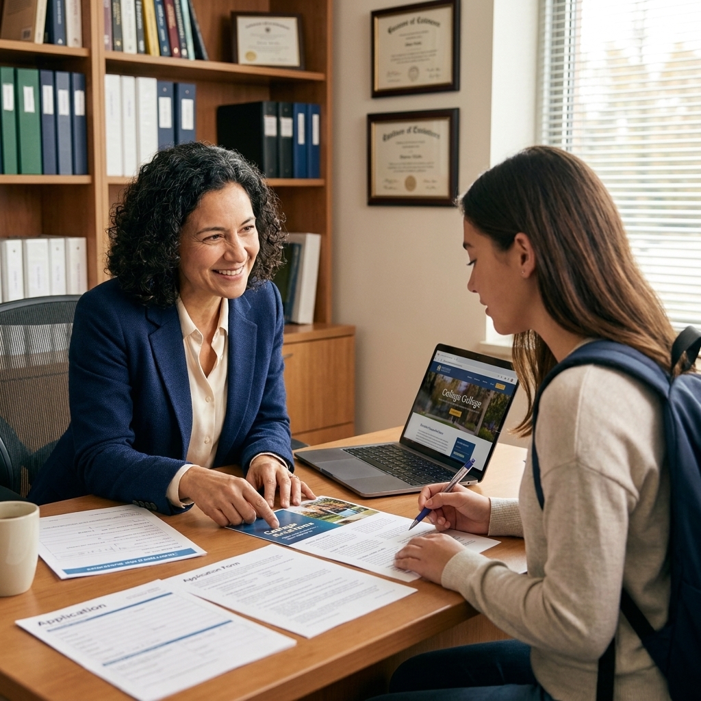 A high school student sitting across from a school counselor in an office, discussing a college application plan with papers on the desk