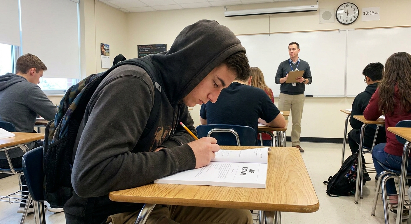 A high school student sitting at a desk in a classroom, focused on completing an Advanced Placement style exam booklet while a proctor stands in the background