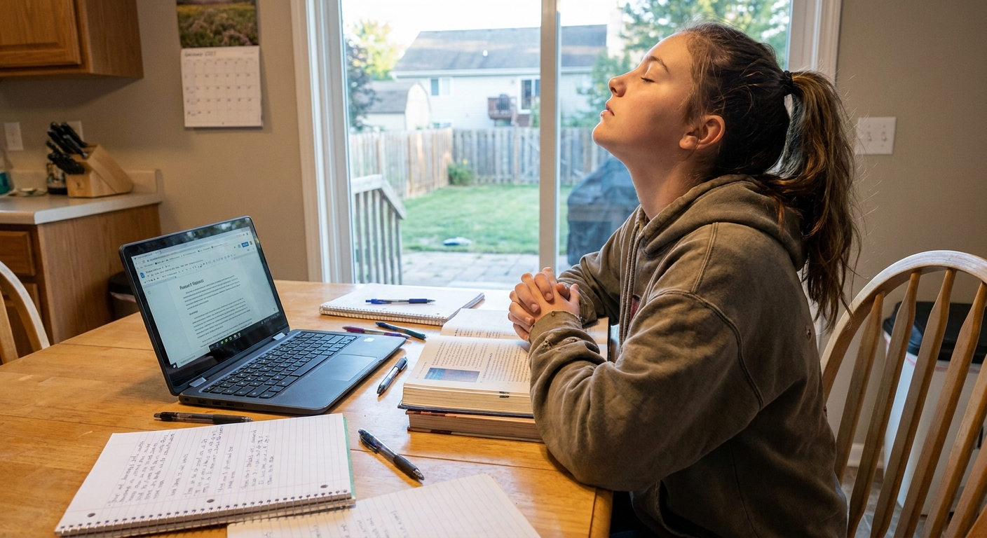 A high school student sitting at a kitchen table with a laptop and notebooks open, taking a deep breath before starting homework