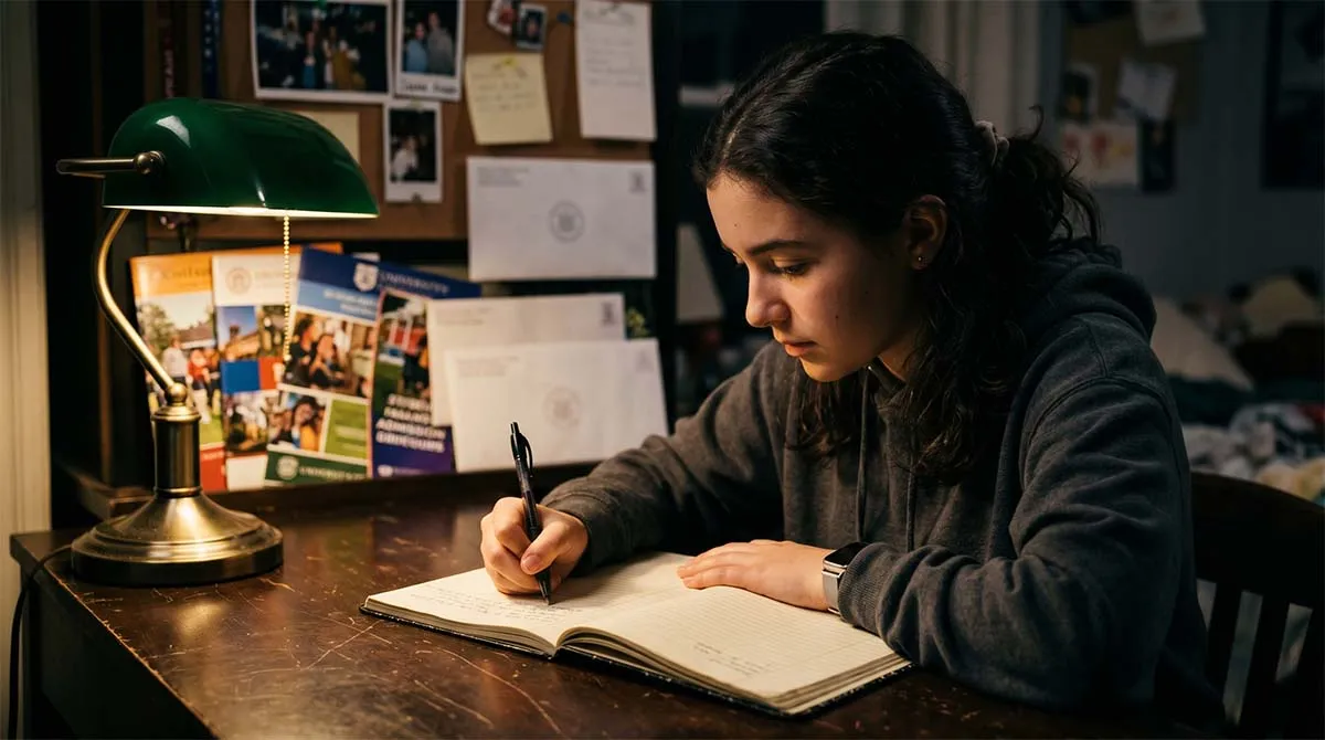 A high school student sitting at a kitchen table with a notebook and laptop, pausing mid-sentence while brainstorming ideas for a college application essay