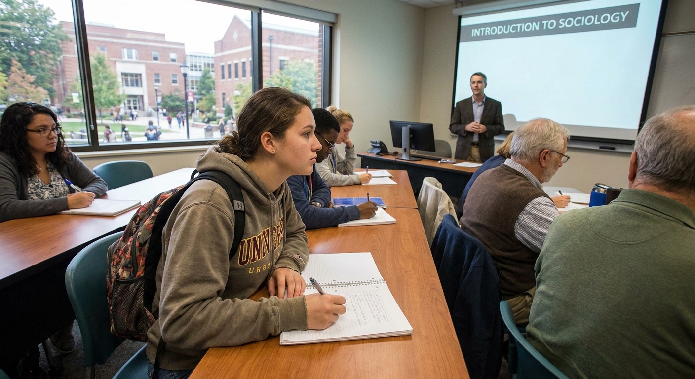 A high school student sitting in a community college classroom taking notes during a lecture, realistic campus setting