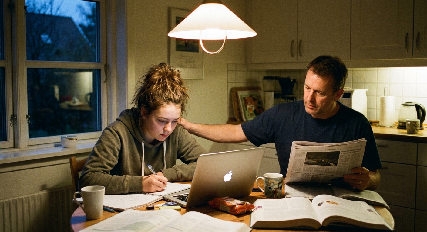 A high school student studying at a kitchen table in the evening with a laptop, notebooks, and a parent nearby offering quiet support