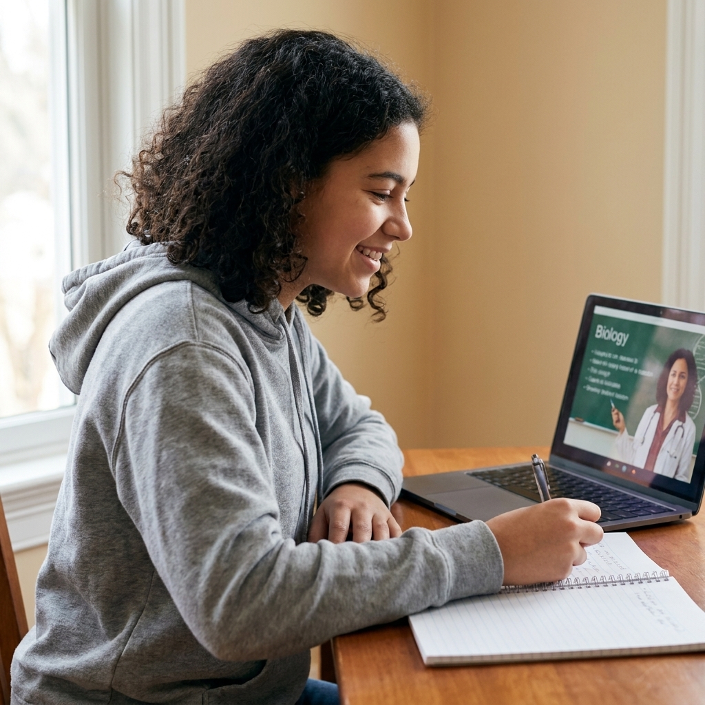 A high school student studying at home with a laptop open to an online lesson and a spiral notebook on the desk.