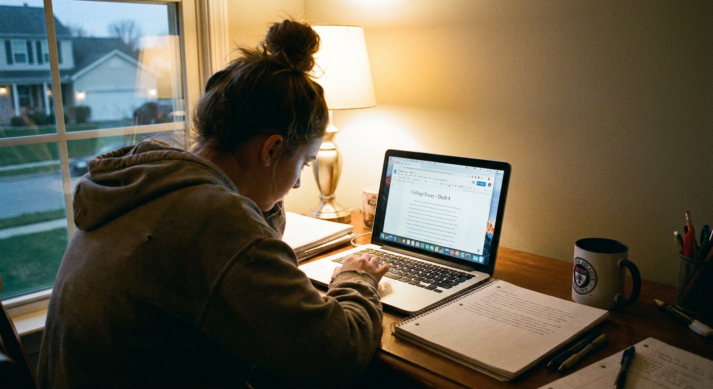 A high school student typing a college essay on a laptop at a desk with notebooks and a mug nearby, lit by an evening desk lamp