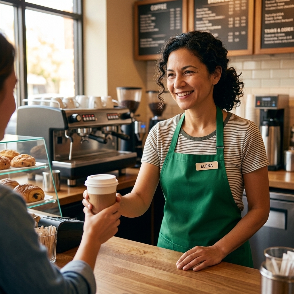 A high school student wearing a name tag working a shift at a local cafe counter, handing a drink to a customer