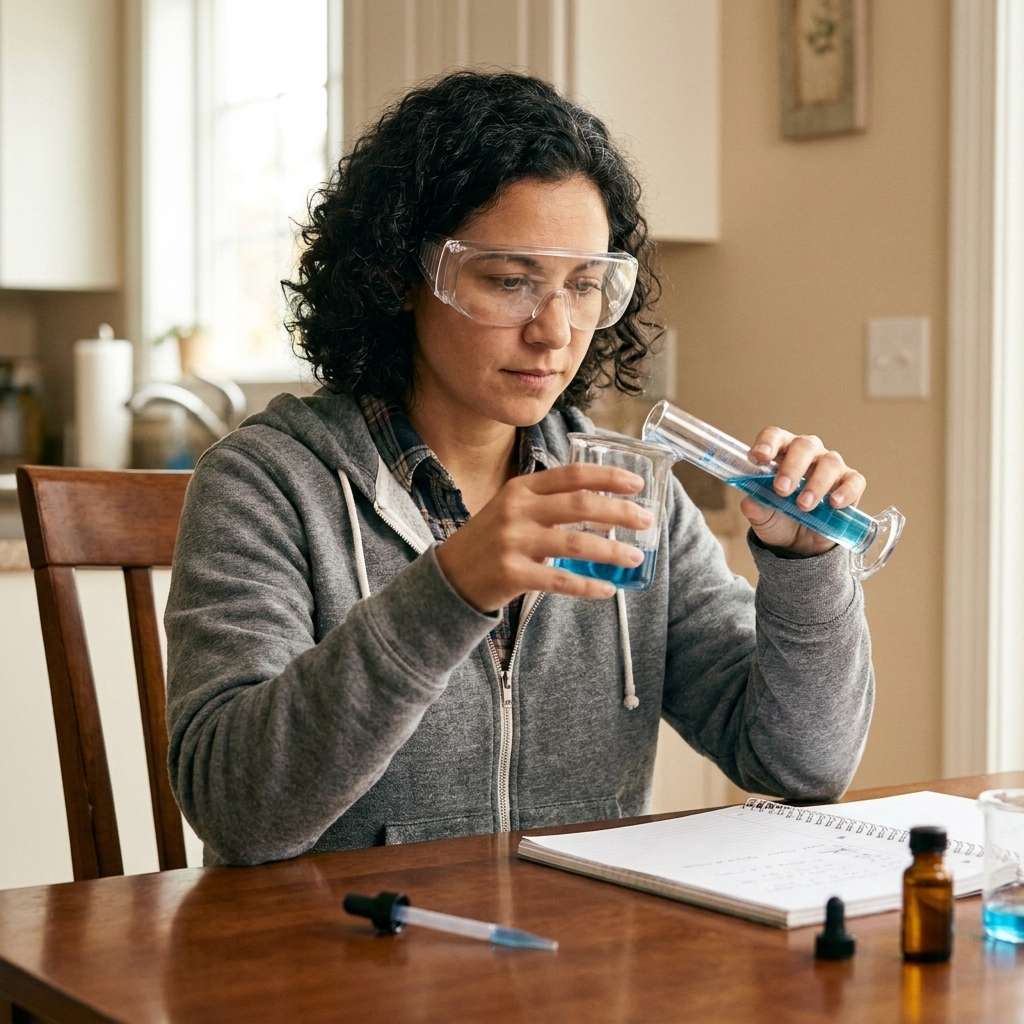 A high school student wearing safety goggles while measuring liquid in a beaker at a home table