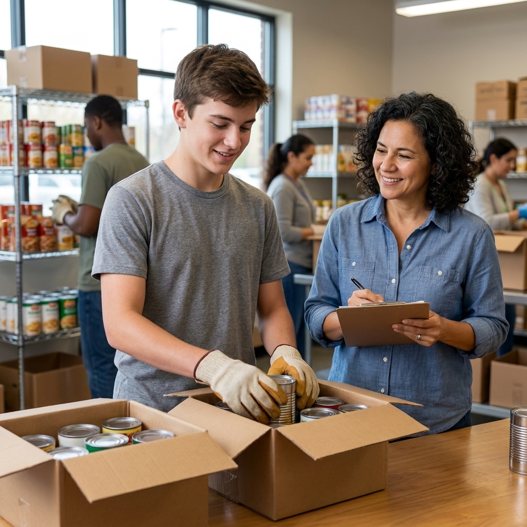 A high school student wearing volunteer gloves sorting donated canned goods at a community food bank while an adult supervisor looks on