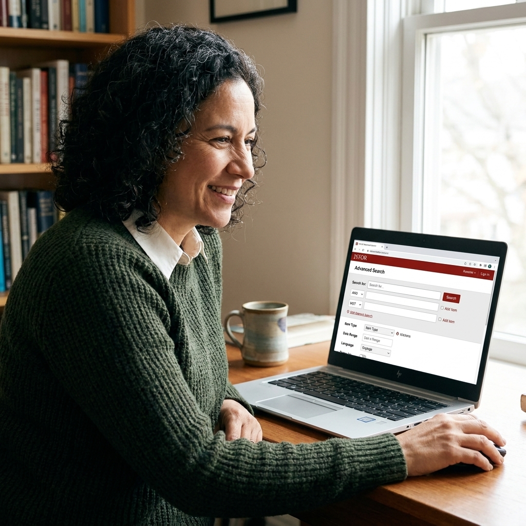A laptop screen open to JSTOR advanced search with multiple search boxes and filter options visible