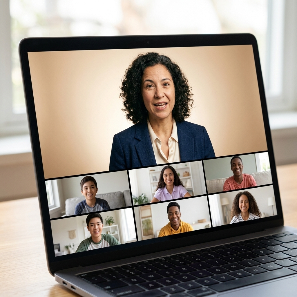 A laptop screen showing a live video class with a teacher speaking and several students visible in a grid during a synchronous online session