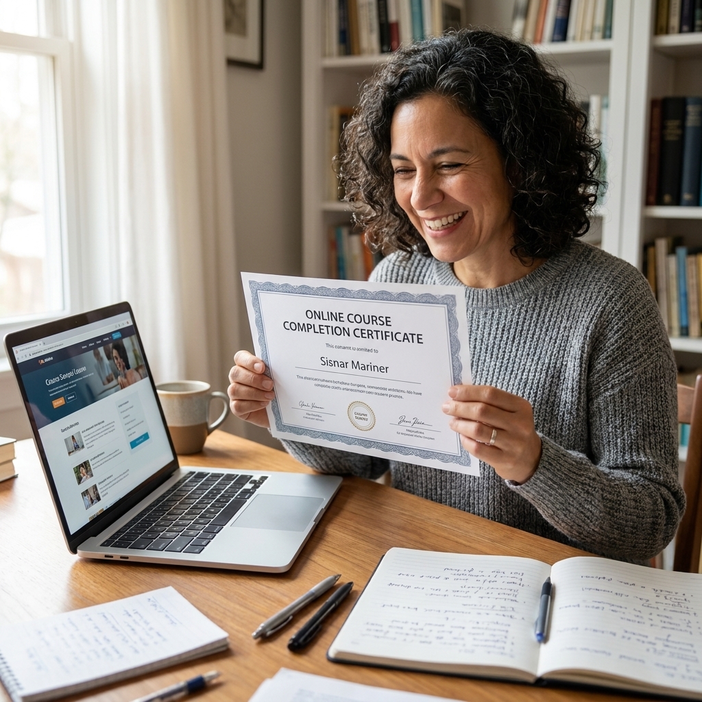A learner holding a printed online course certificate while seated at a desk with a laptop and study notes, candid home study scene