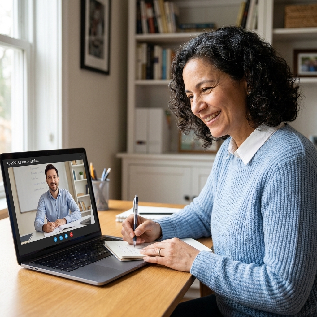 A learner on a laptop video call with an online language tutor, both smiling and taking notes during a lesson