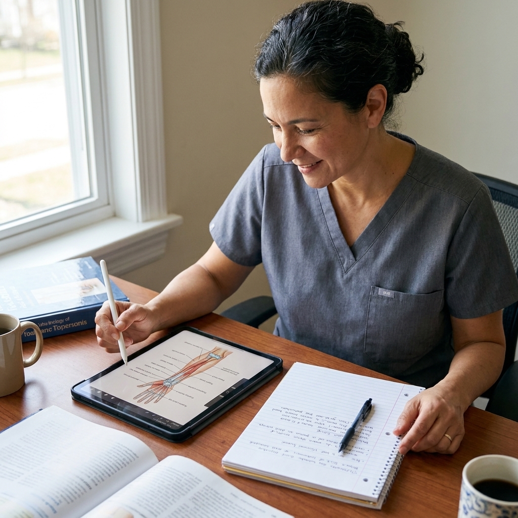 A medical student studying anatomy with a tablet showing labeled anatomical content and a notebook open on a desk