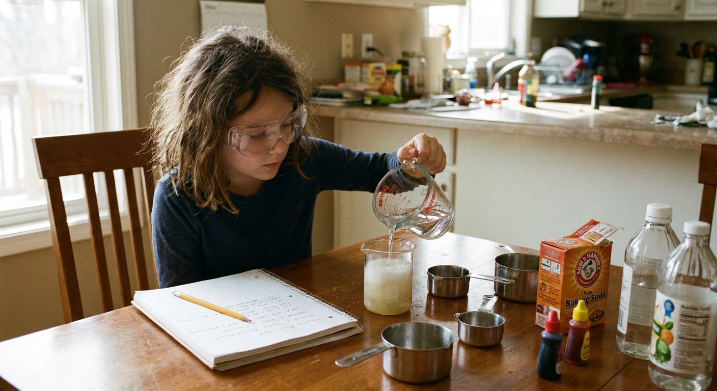 A middle school-aged child wearing safety goggles at a dining table while conducting a simple home science experiment with measuring cups and a notebook