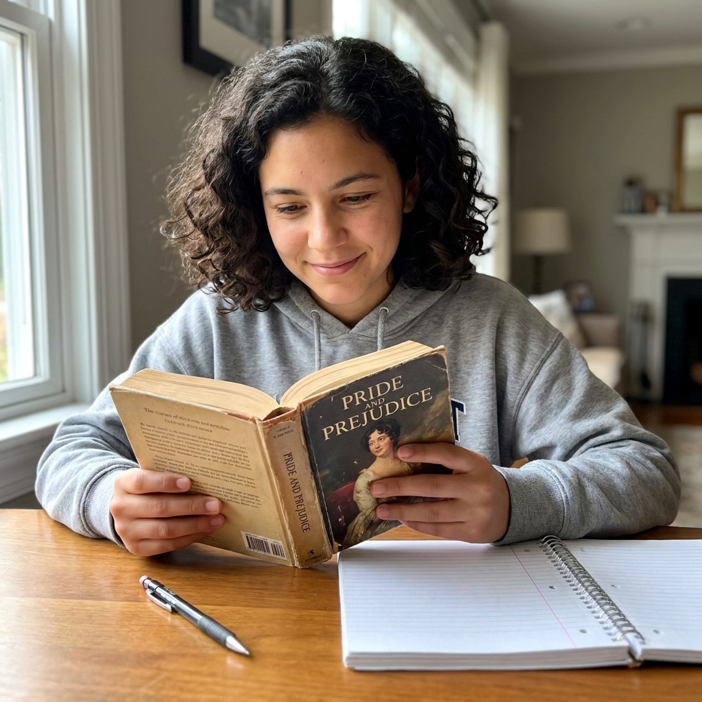 A middle-school student reading a hardcover classic book at a wooden table with a notebook and pencil nearby