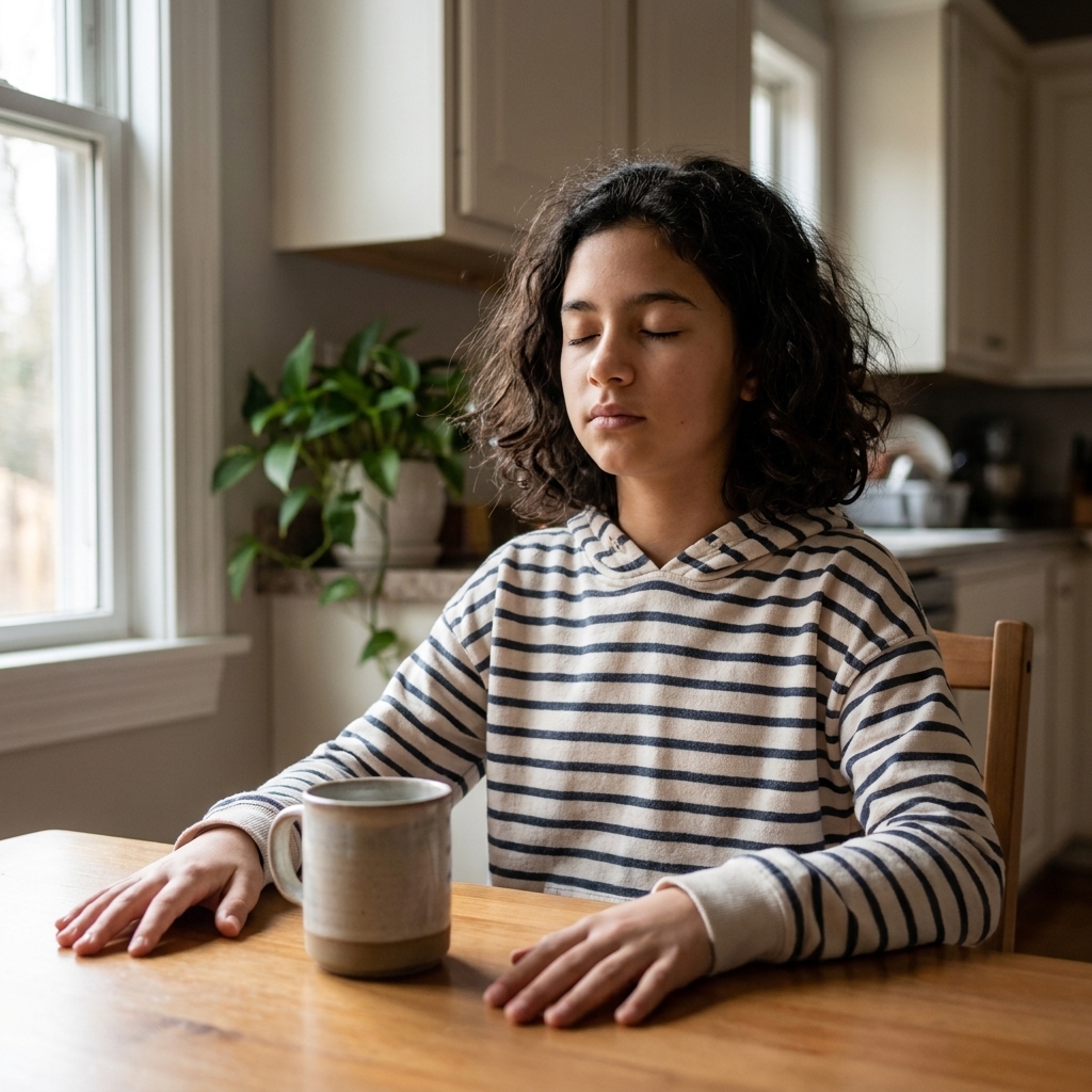 A middle school student sitting at a kitchen table with eyes gently closed, practicing slow breathing with hands resting on the table in a quiet home setting