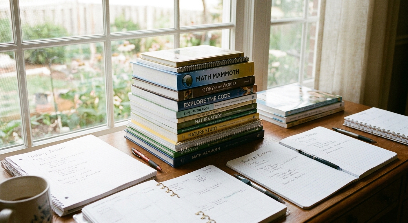 A neat stack of homeschool curriculum books and workbooks on a desk near a window with natural light, suggesting curriculum selection and planning