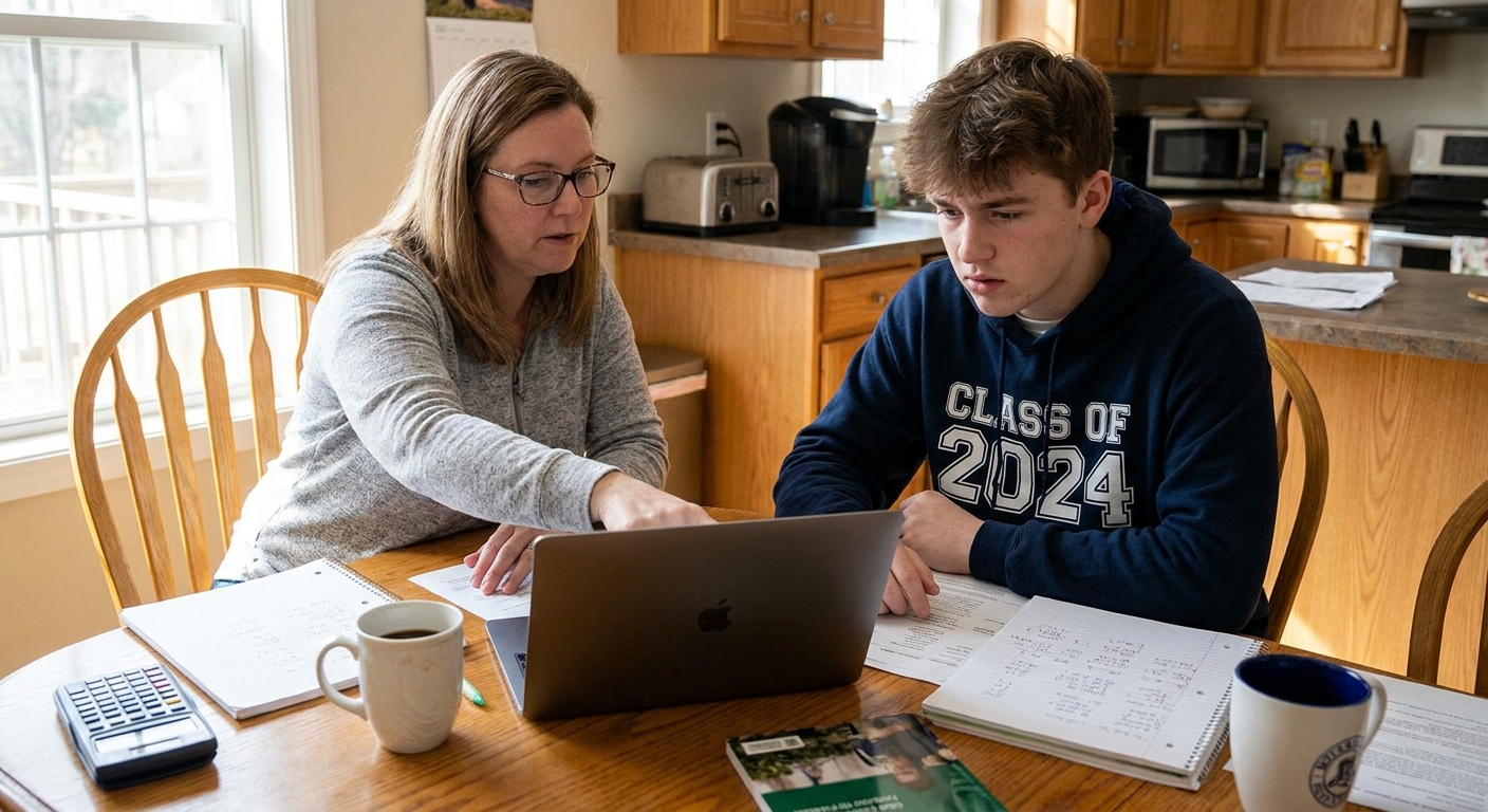 A parent and a high school senior sitting at a kitchen table reviewing a college financial aid award letter on a laptop, with notebooks and a calculator nearby