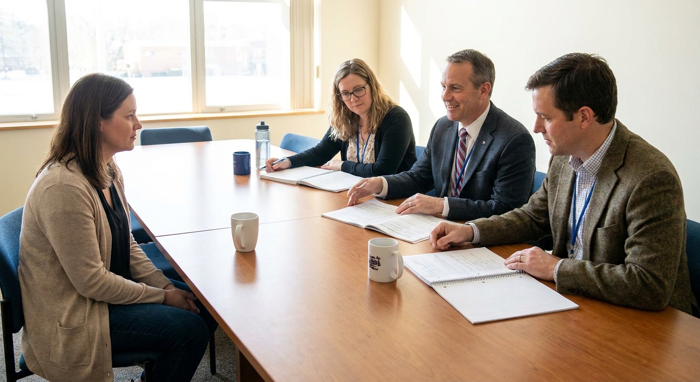 A parent and a school team sitting around a conference table during a student support meeting, with notebooks open and a calm, collaborative atmosphere
