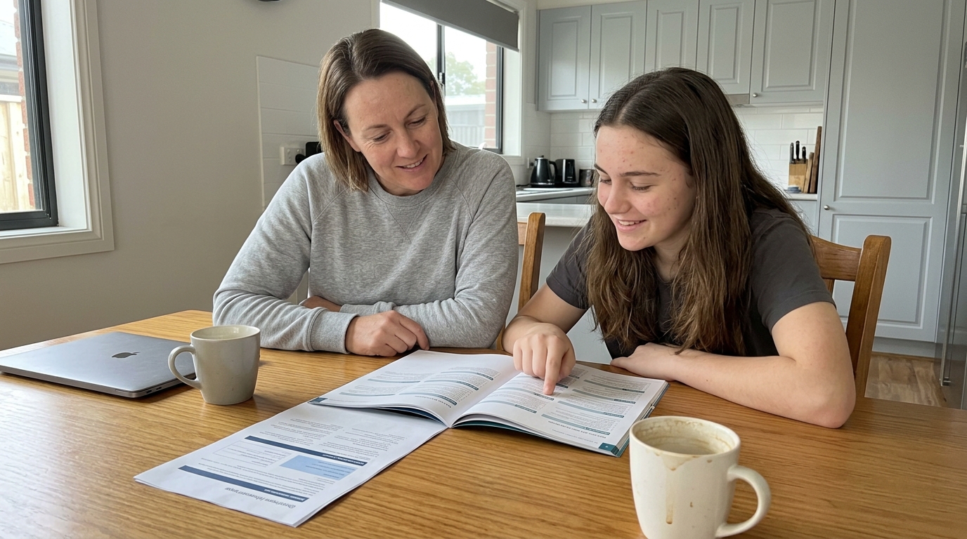 A parent and a teenager sitting at a kitchen table with a school course catalog open, talking and pointing at a calendar