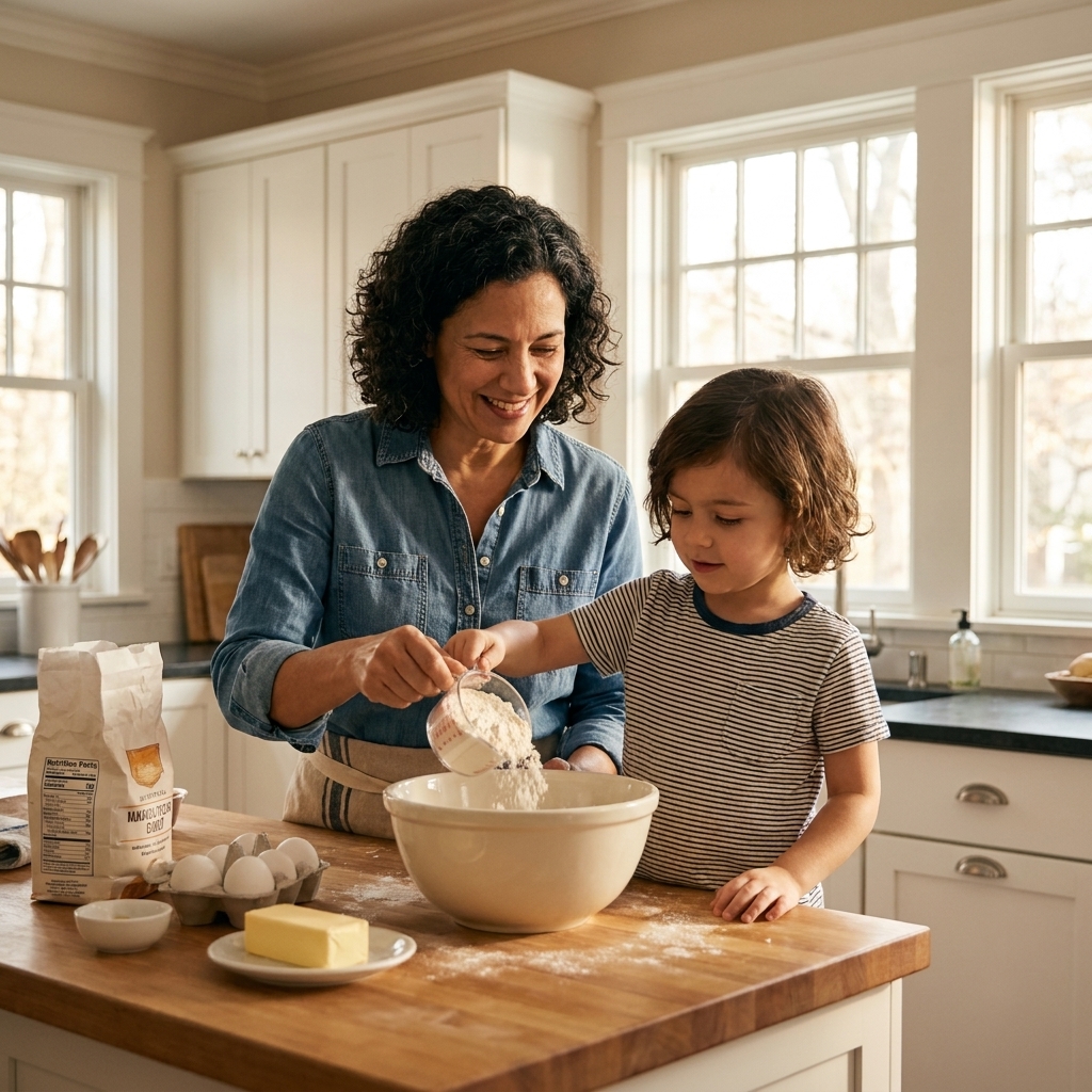 A parent and child cooking in a bright kitchen, with the child pouring ingredients into a bowl while the parent guides them