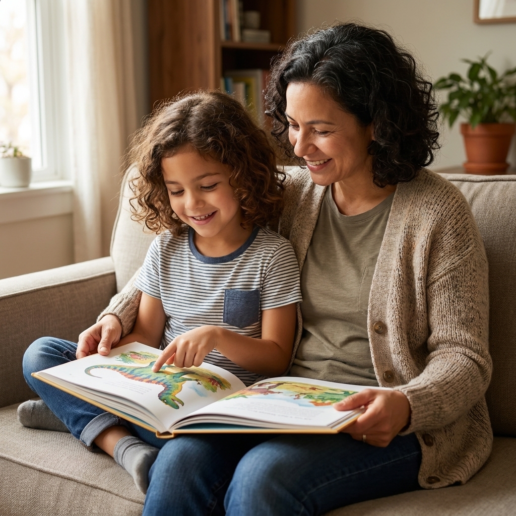A parent and elementary-aged child reading a picture book together on a couch, with the child pointing at an image on the page