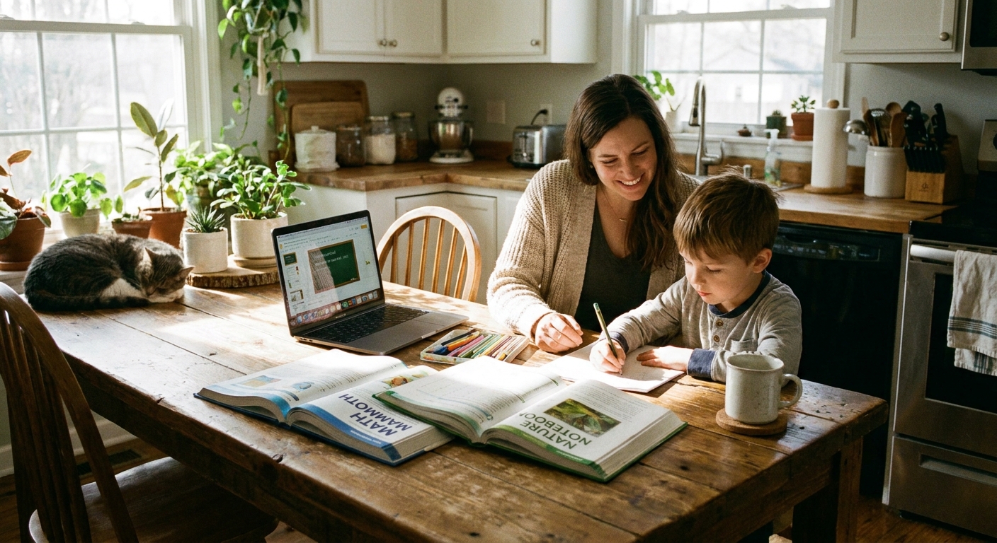 A parent and elementary-aged child sitting at a kitchen table with open books and a laptop, working through a homeschool lesson in a calm home setting