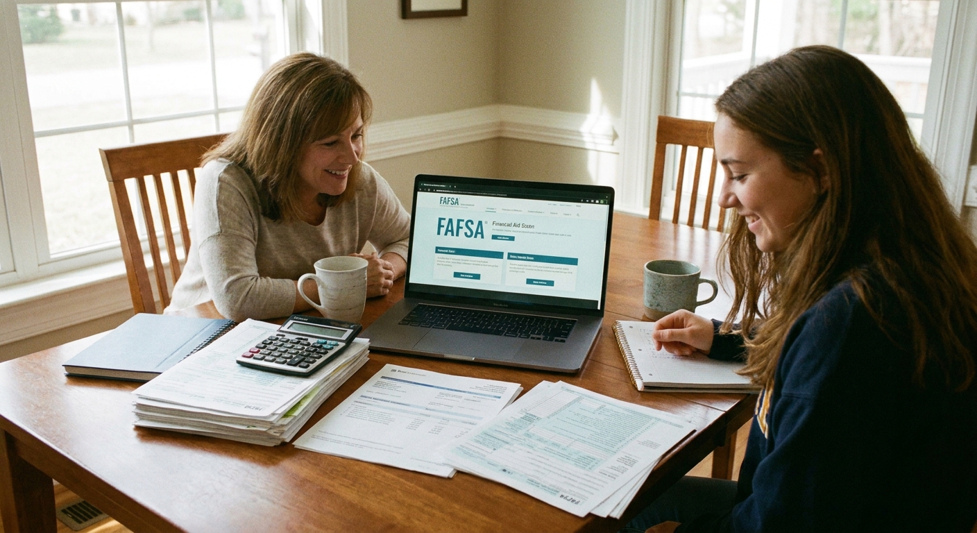 A parent and high school senior sitting together at a dining table using a laptop to complete financial aid forms, with paperwork spread neatly beside them