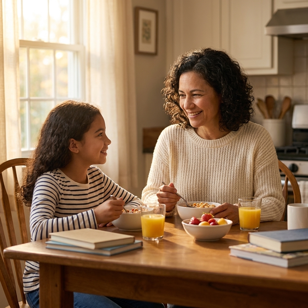 A parent and school-aged child sitting at a kitchen table eating breakfast together in the early morning light, looking calm and prepared